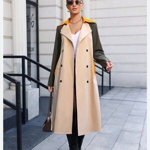 SHEIN NWOT Color Block Raglan Sleeve Double Breasted Cotton Trench Coat Size L